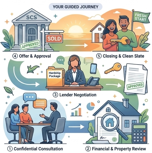 Infographic showing the five steps of the Nationwide Financial short sale process: consultation, financial and property review, lender negotiation, offer and approval, and closing